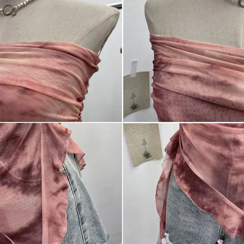 Tie Dye Summer Tops for Women Y2K Strapless Sleeveless Asymmetrical Ruffle Fishtail Ruched Stretch Mesh Vintage Clothes