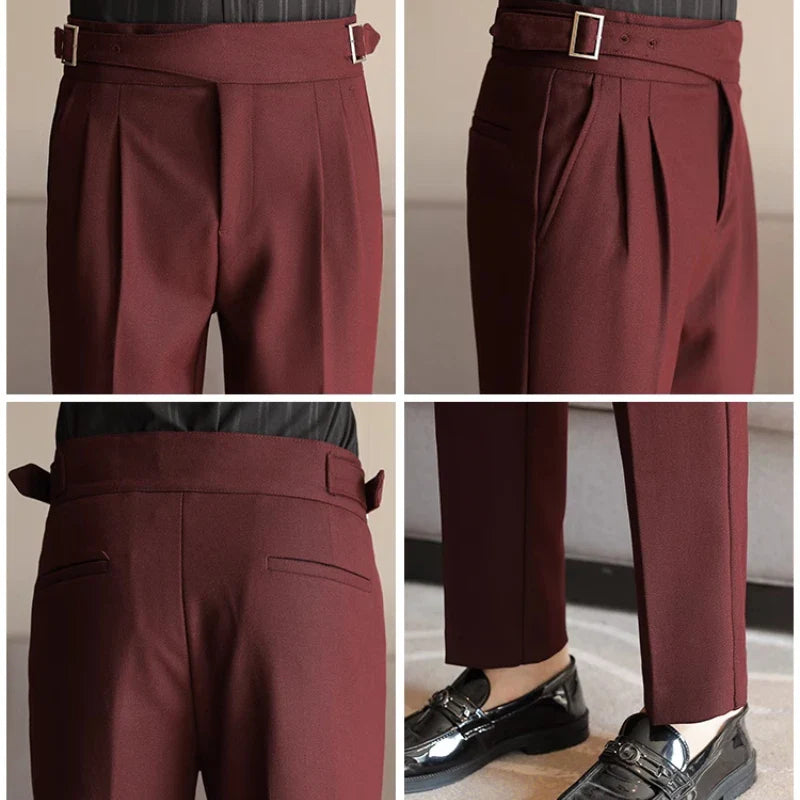 Luxury Men's Slim High-Rise Dress Pants - Heavyweight Subtle Stripe with 3D Pleats & Naples Tailoring