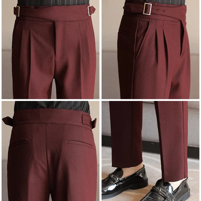Luxury Men's Slim High-Rise Dress Pants - Heavyweight Subtle Stripe with 3D Pleats & Naples Tailoring