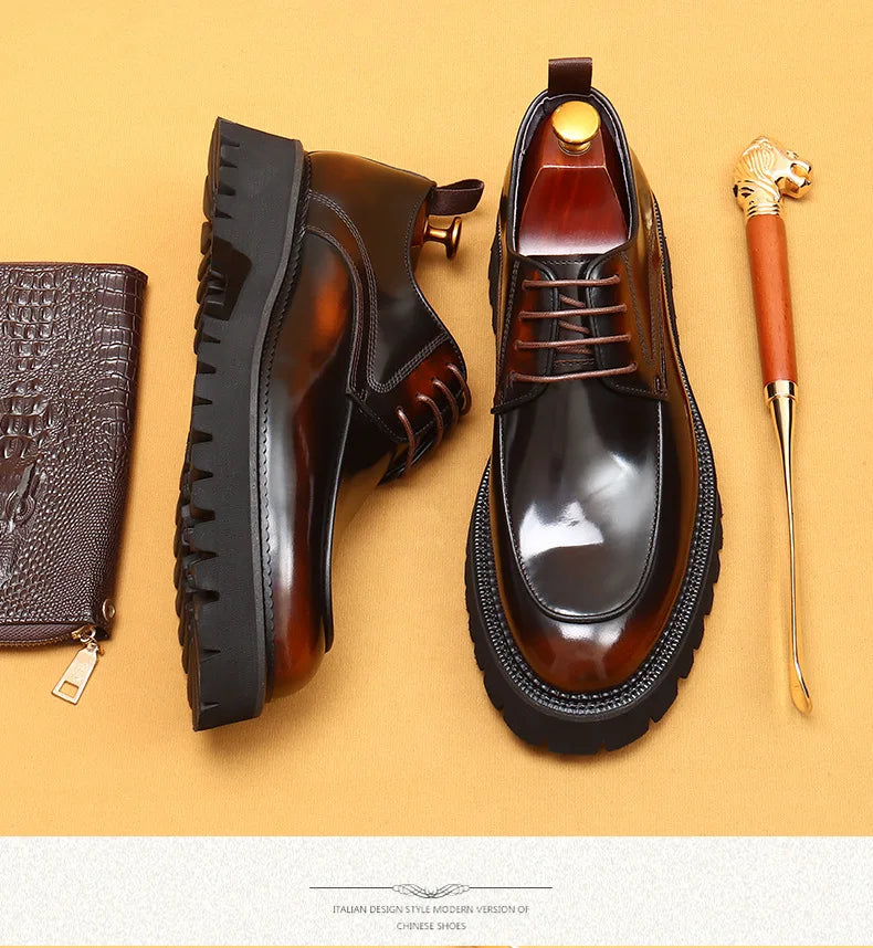 Men Oxford Brogue Genuine Leather Shoes Black Brown Classic Style Platform Lace Up Formal Shoes Wedding Office Dress Shoes Men