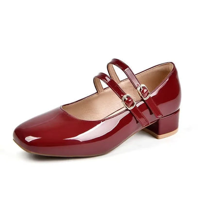 2025 New Women's Burgundy Patent Leather Mary Jane Pumps - Vintage-Inspired Double Gold Buckle Low Block Heel Dress Shoes