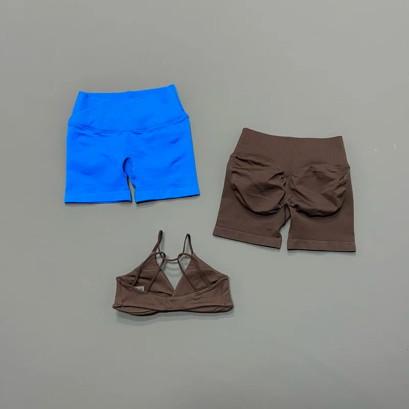 Women 2 Piece Gym Set Seamless Yoga Sports Bra V Neck Twist Front Tummy Control Butt Lifting Shorts Fitness Running Workout Set