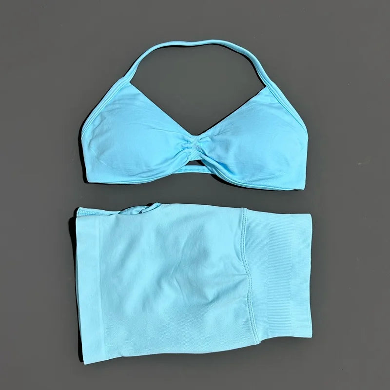 No Logo 2 Piece Impacts Gym Set Women Seamless Yoga Strappy Bra Workout Scrunch Sports Low Waist Shorts Sport Set