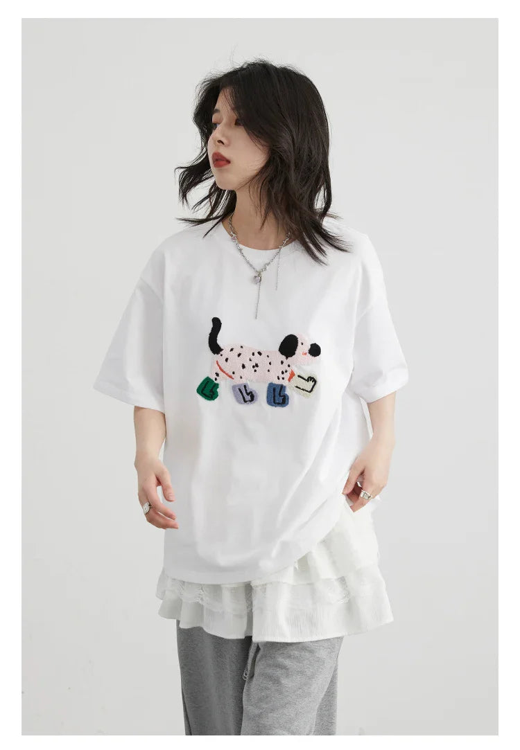 CHIC VEN Camisetas Femininas Soltas Streetwear Unissex Divertido Cão Bordado Manga Curta Algodão Blusas Menina Femininas Verão 2025