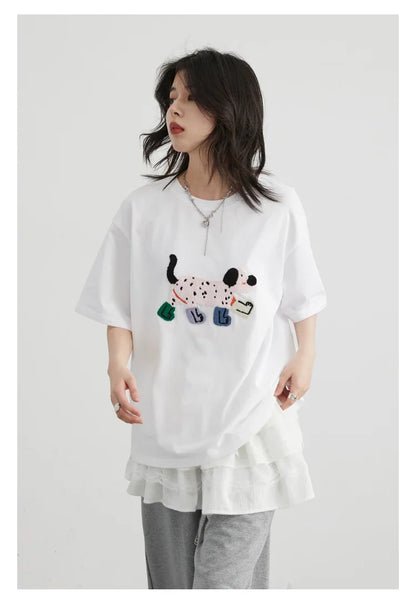 CHIC VEN Camisetas Femininas Soltas Streetwear Unissex Divertido Cão Bordado Manga Curta Algodão Blusas Menina Femininas Verão 2025