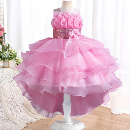 Summer Children's Wedding Flower Girl Tail Organza Elegant Evening Dress Bow Cute Birthday Party Girl Princess Dress