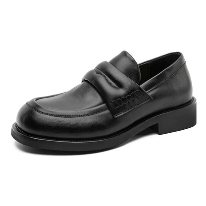 Low-Heel Round-Toe Business Casual Shoes Easy-To-Wear Thick-Heeled Height-Increasing Leather Loafers for Men Spring Autumn