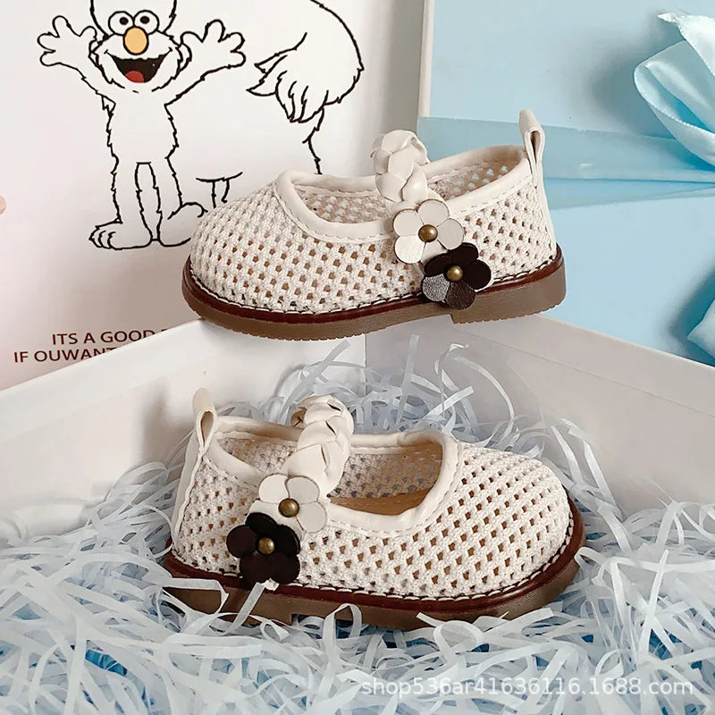 Girls Walking Shoes Lace Mesh Bows Kids Princess Shoes Non-slip Shiny Sequins 2025 New Children Flat Shoes Soft Sole Non-slip