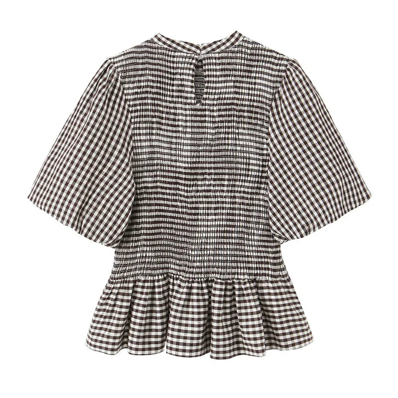 Spring Summer O-Neck Short Puff Sleeve Small Plaid Tops Women Back Button Decoration Tops Female Casual Wear 2026 New