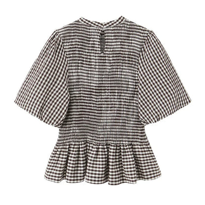 Spring Summer O-Neck Short Puff Sleeve Small Plaid Tops Women Back Button Decoration Tops Female Casual Wear 2026 New