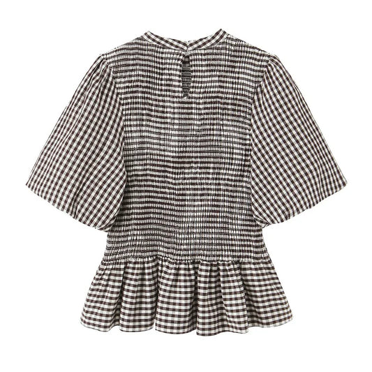Spring Summer O-Neck Short Puff Sleeve Small Plaid Tops Women Back Button Decoration Tops Female Casual Wear 2026 New