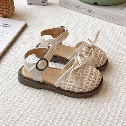 Kids Summer Casual Sandals Sweet Bow Girls Woven Flat Shoes Non-slip Children's Hollow-out Beach Sandals for School Daily Wear