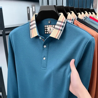 Men's Plaid Long Sleeve Polo Shirt Autumn Winter Casual Office Outdoor Fashion Top Commercial Collar Trendy Men's Clothing