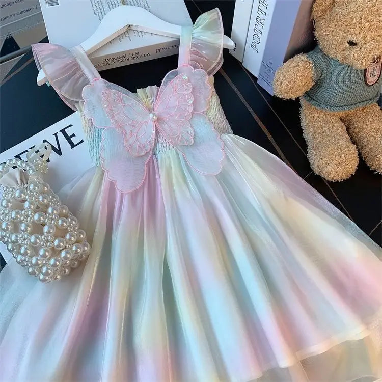 Rainbow Color Fancy Butterfly Dress for Baby Girls Summer Tie Dye Elastic Bust Mesh Frock Toddler Cute Casual Suspenders Robes