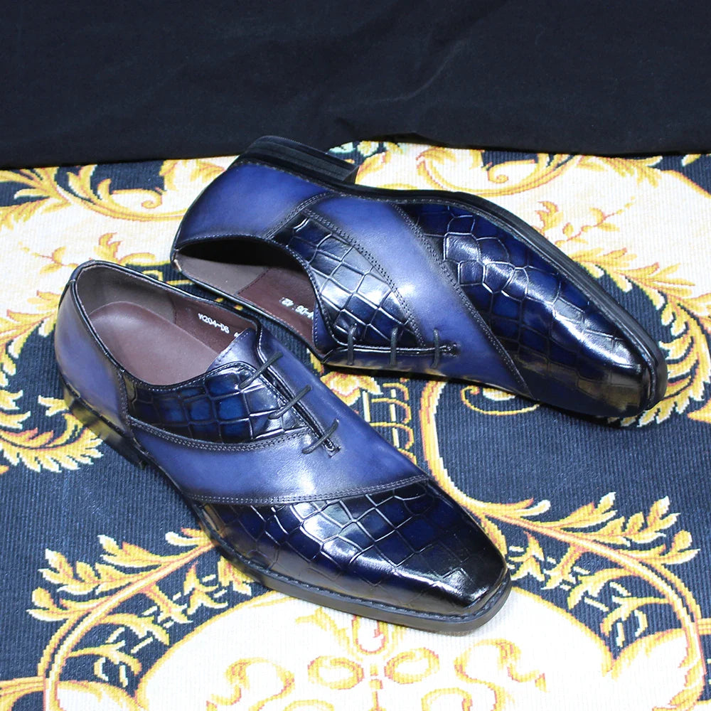 Luxury Men's Patent Leather Dress Shoes Alligator Pattern Oxford Brogue Lace-Up Formal Shoes for Office Wedding Party