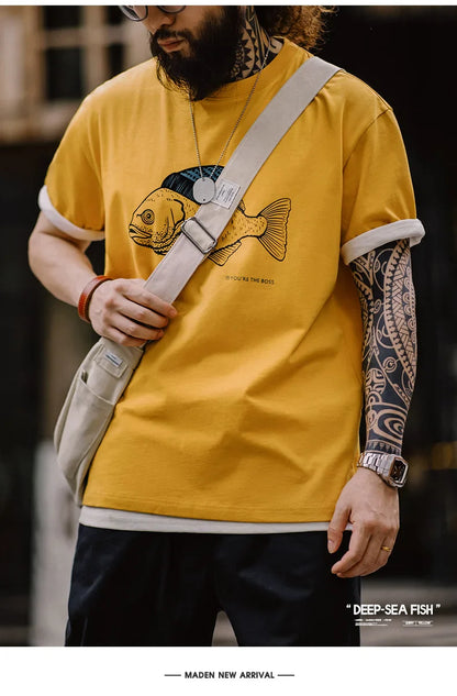 Maden Vintage Flocked Print Short-sleeved T-shirts Animal Pattern Cotton Round Neck Tops for Men's Summer Casual Loose Fit Tee