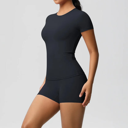 2PC Quick-Drying Gym Leggings Set Summer Short Sleeve Breathable Stretchy GYM Yoga Slim Fitness Active Top Women's cycling short