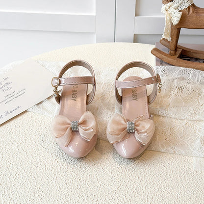 Girls Sandals Fashion Bow Girls High Heels Pink Kid Non-slip Princess Performance Shoes 3-18 Years Old Children's Leather Shoes