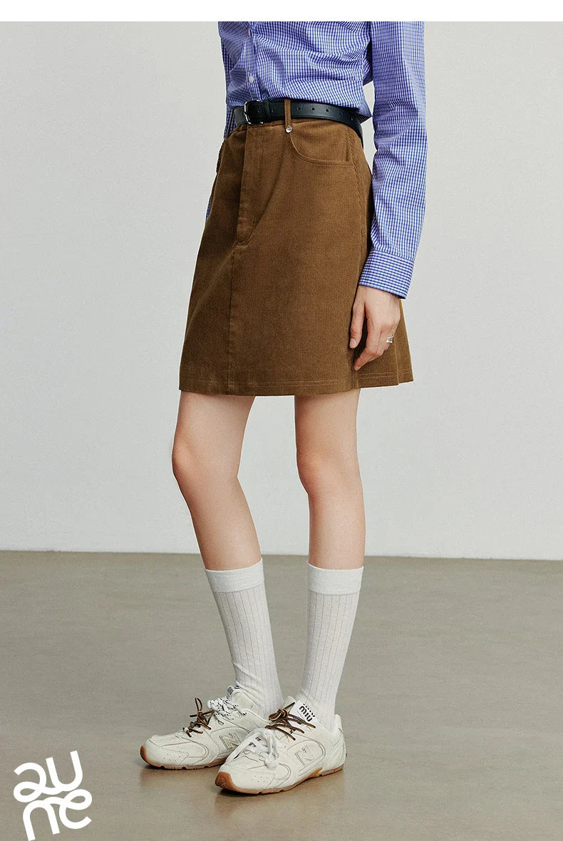 Women Midi Skirt 2025 Autumn New Retro Corduroy Elastic Waist Pure Cotton A Line Mini Skirt