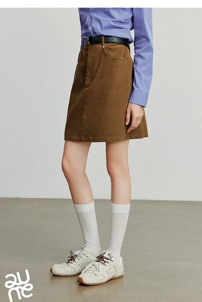 Women Midi Skirt 2025 Autumn New Retro Corduroy Elastic Waist Pure Cotton A Line Mini Skirt