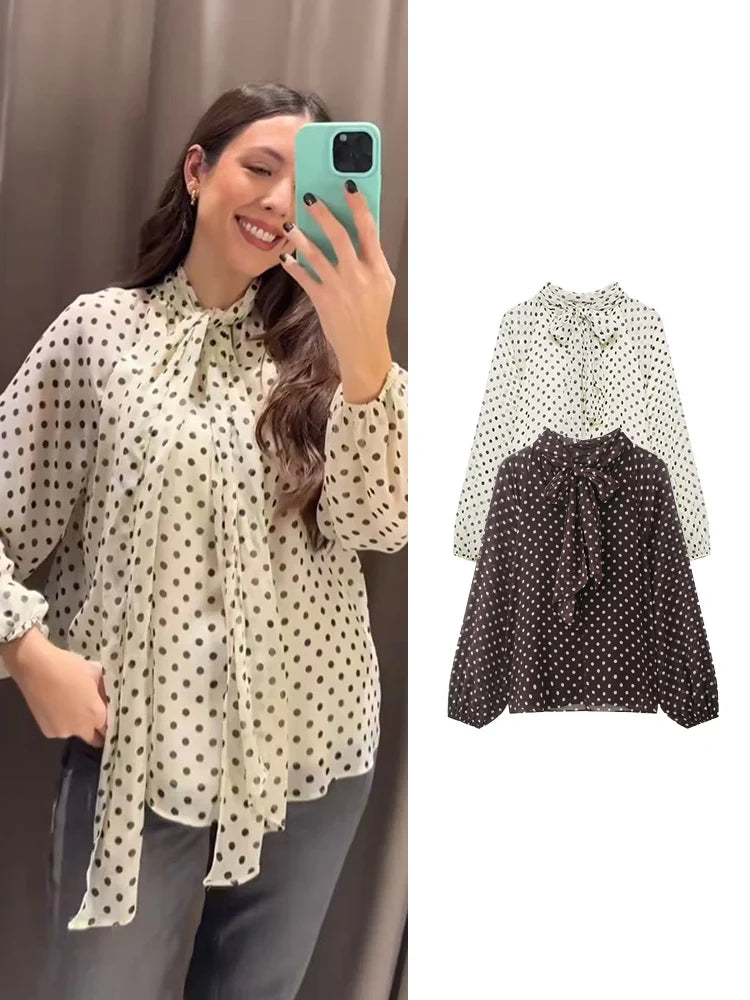 New Women Bow Collar Blouse Vintage Polka Dot Printed Loose Tops Fashion Elegant Spring Long Sleeve Commuting Shirts