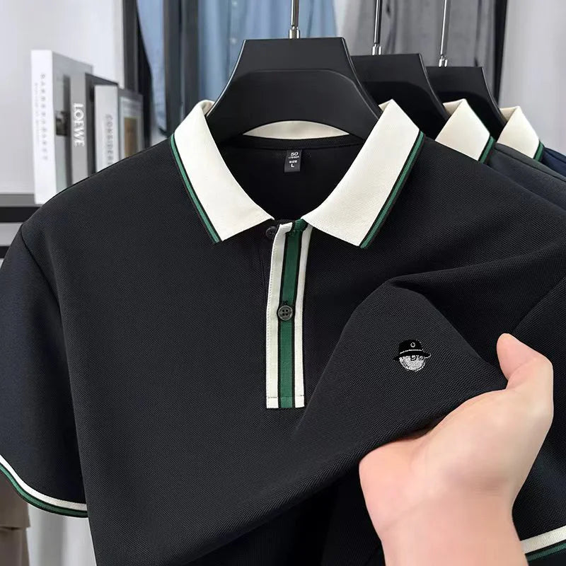 High Quality Man Short-Sleeved Polo Shirt Lapel Button Color Blocking Pattern Printing New T-Shirt Business Casual Men'sClothing
