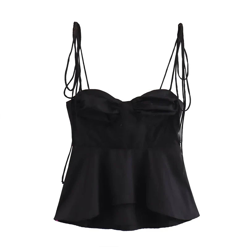 Women Fashion Solid Pleated Backless Side Zipper Cropped Tops Vintage Thin Straps V-Neck Female Chic Lady Crop Top