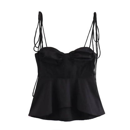 Women Fashion Solid Pleated Backless Side Zipper Cropped Tops Vintage Thin Straps V-Neck Female Chic Lady Crop Top