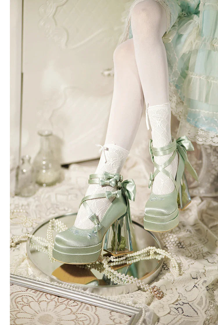 Original Lolita Red High Heels Women's Sweet Elegant Bow Velvet Mary Jane Shoes Ladies Birthday Party Cos Platform Shoes Spring