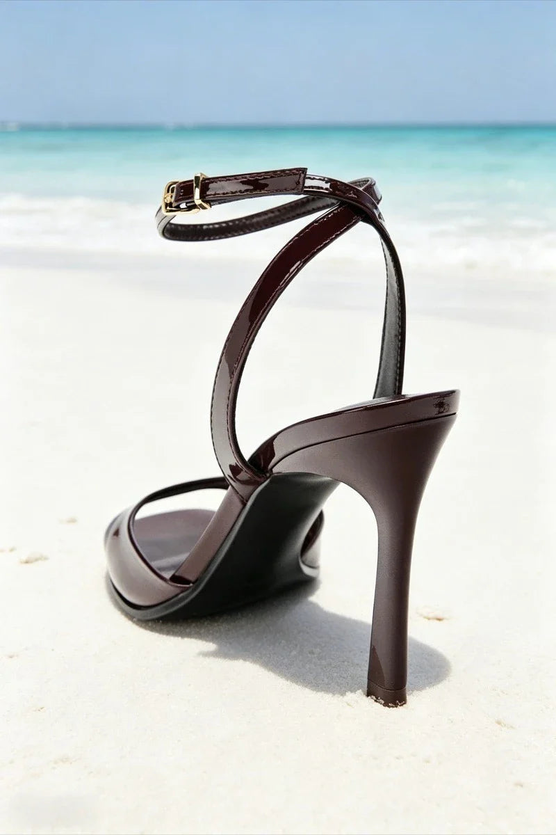 Elegant Burgundy Patent Leather High-heel Sandals Women Fashion Square Toe Stiletto Designer Shoes Sexy Open-toe Slingback Heels