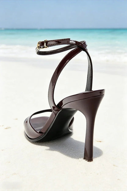 Elegant Burgundy Patent Leather High-heel Sandals Women Fashion Square Toe Stiletto Designer Shoes Sexy Open-toe Slingback Heels