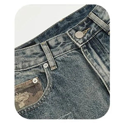 Men's Ripped Slim Fit Straight Leg Jeans Patchwork Camouflage Denim Pants