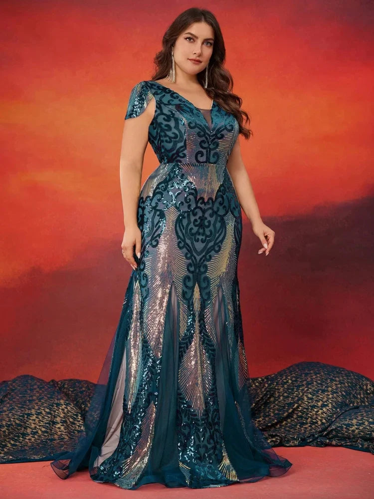 Plus Size Luxurious Short Sleeve Sequin Formal Evening Dress Women Elegant  Mermaid Party Cocktail Gown Special Event