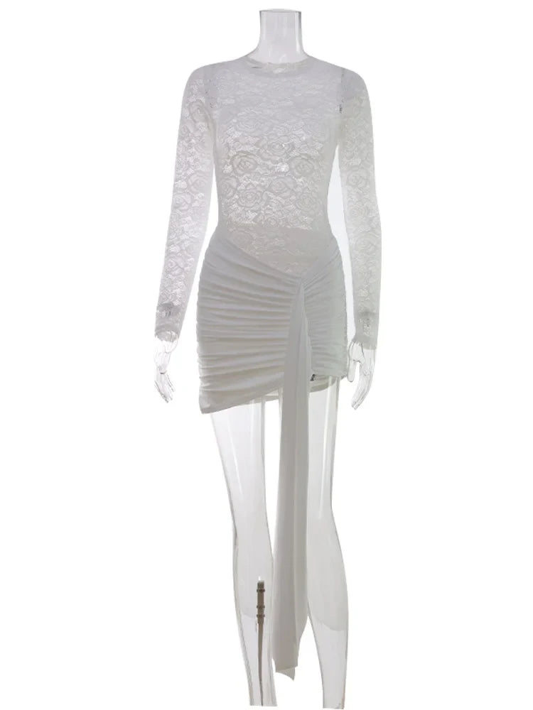 Lace Sheer Bodycon Sexy Club Women Dresses Solid Hip Wrap Fitness Skinny Trendy O Neck Long Sleeve Female Streetwear