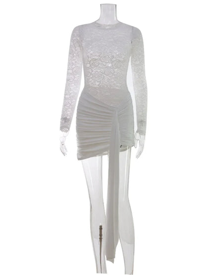 Lace Sheer Bodycon Sexy Club Women Dresses Solid Hip Wrap Fitness Skinny Trendy O Neck Long Sleeve Female Streetwear