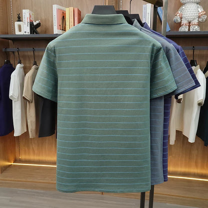 2026 New Summer Pure Cotton Short Sleeved Business Polo Shirt Men's Lapel Breathable Casual Versatile Top Striped T-shirt