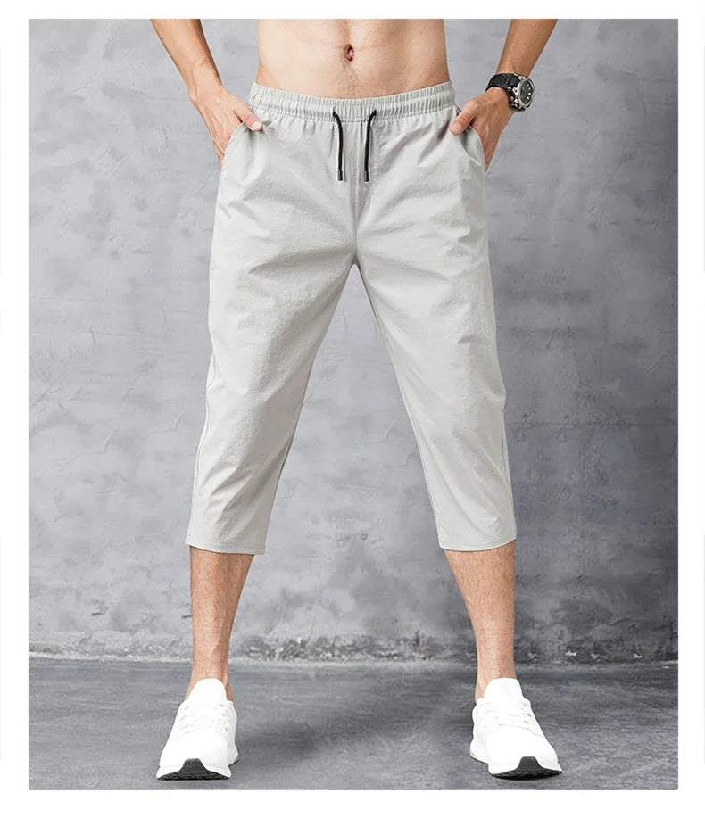 3/4 Length Men's Shorts Quick Drying Ice Silk Summer Breeches Male Long Calf Bermuda Board Beach Elastic Big Size Nylon Stretch