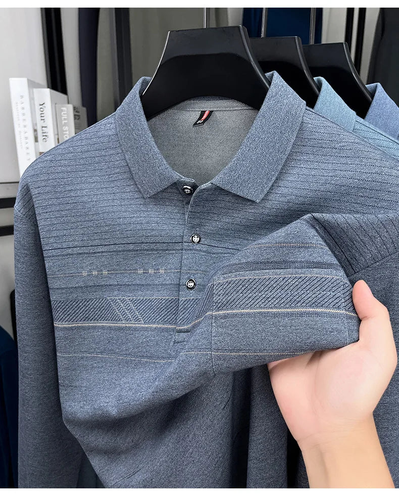 High quality striped printed long sleeve polo shirt men's fashion light luxury pocket autumn new business casual lapel T-shirt