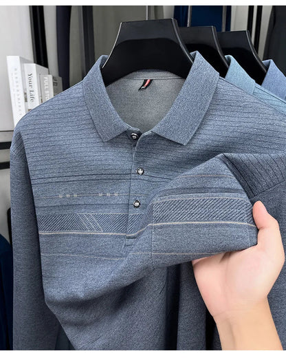 High quality striped printed long sleeve polo shirt men's fashion light luxury pocket autumn new business casual lapel T-shirt