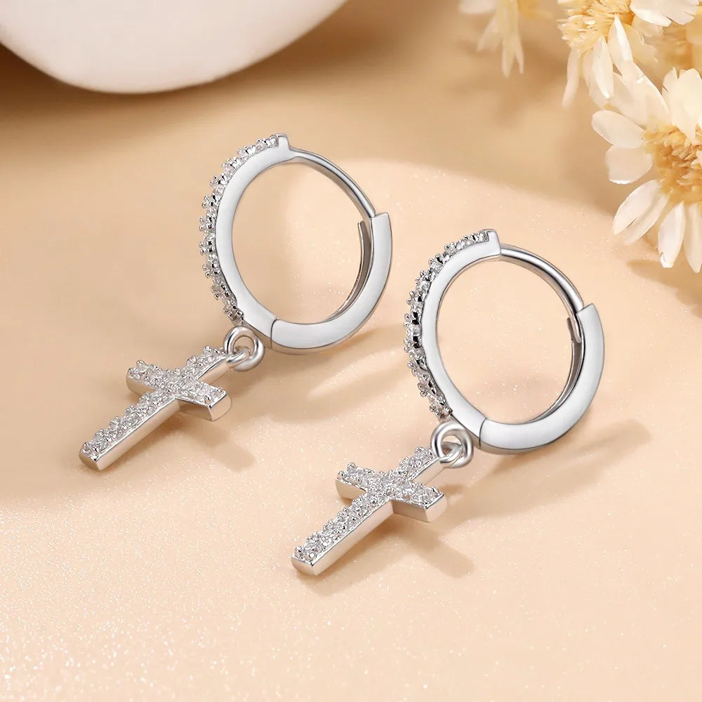 Full Moissanite Earrings for Men/Women Cross Drop 925 Sterling Silver Hoop Earrings D Color VVS1 Hip Hop Couple Jewelry