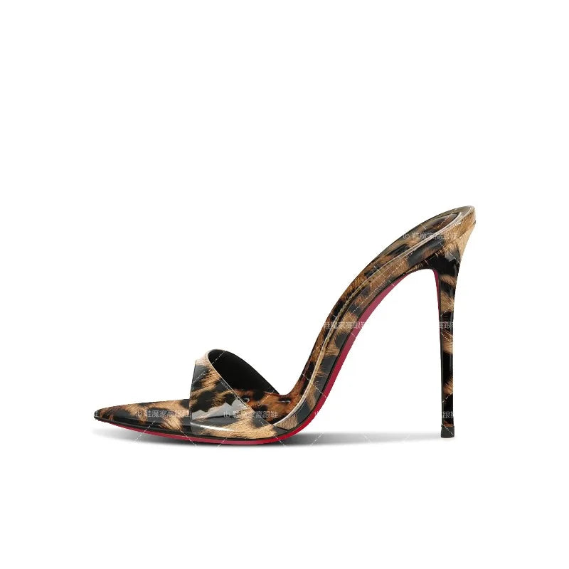 2025 New Leopard Pattern Pointed High Heels for Women, Ultra fine Heels, Slippers with Bare Toes, Half Dragged, Simple Sandals