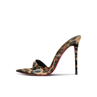 2025 New Leopard Pattern Pointed High Heels for Women, Ultra fine Heels, Slippers with Bare Toes, Half Dragged, Simple Sandals