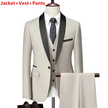 High-end Brand Formal Business Mens Suit Three-piece Groom Wedding Dress Solid Color Suit