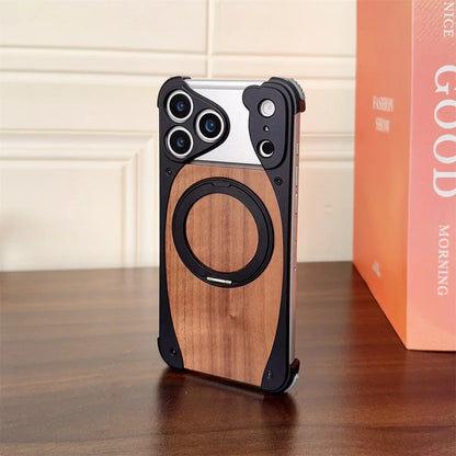 Walnut Wood Metal Aluminum Phone Case For iPhone 17 Pro 17 Pro Max Magnetic Bracket Shockproof Drop-proof Protection Cover
