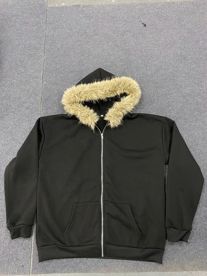 Fluffy Hat Hoodie Solid Color Casual Long Sleeve Hoodie Retro Coat Street Trend y2k