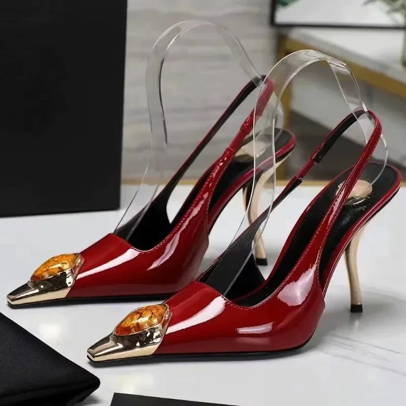 Luxury Metal Jewel Decoration Heels Women 2025 Sexy Pointed Toe Patent Leather Women Pumps Elegant Banquet High Heeled Sandals