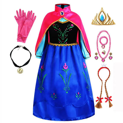 2026 Anna inspired Princess Dress with Fuchsia Cape Girls Snow Queen Elsa's Sister Costume Play Toddler Carnival Royal Frocks