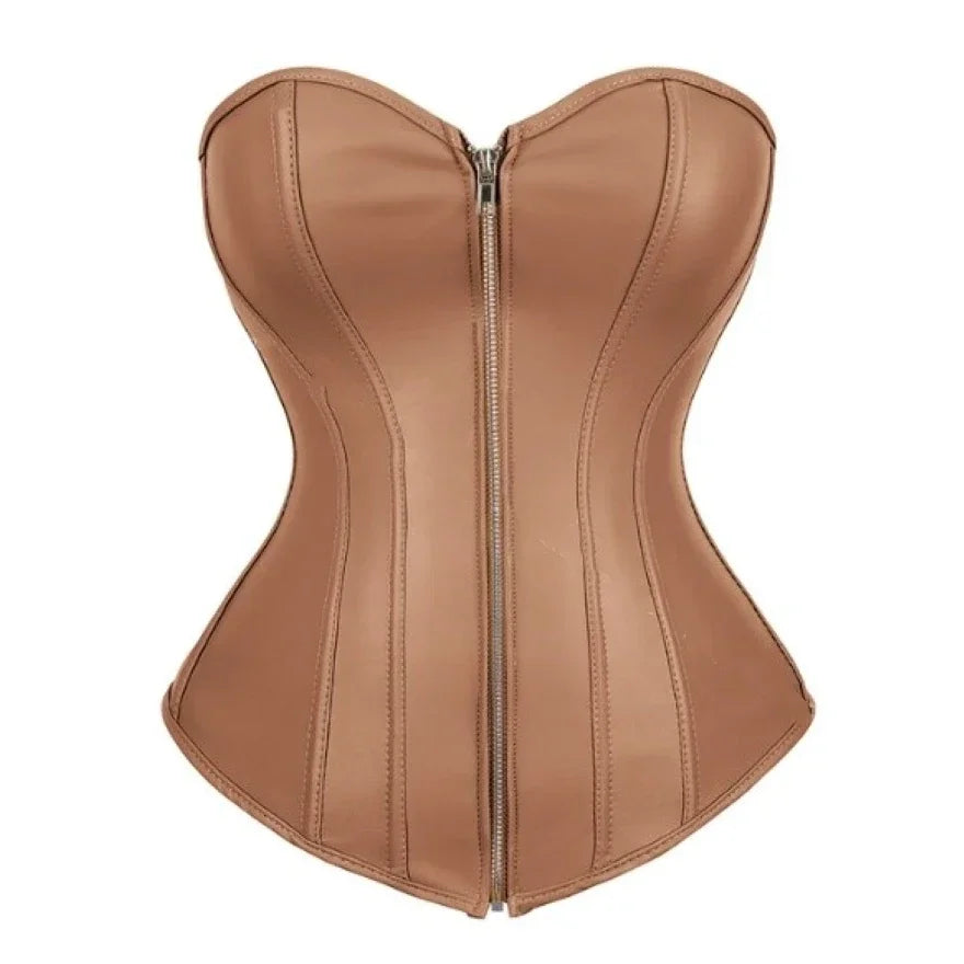 Women Faux Leather Corset Tops Gothic Overbust Lace Up Zipper Strapless Bustier Shaperwear Sexy Clubwear