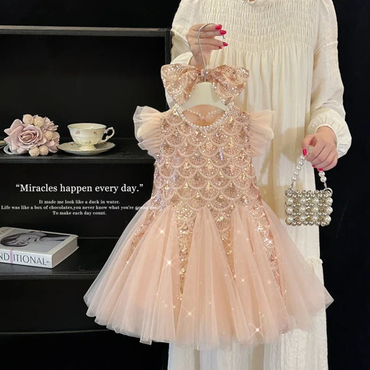 Somenie Vestido de Verão para Meninas Novo Vestido de Princesa Sem Mangas de Tule Moderno para Crianças Vestido de Festa Fofo e Respirável para Crianças
