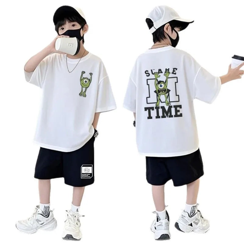 Summer Kids Boys T-Shirt+Shorts 2-Piece Set Printing Children Teen Loose Comfortable Sports Casual Clothes 7-17 Years Old